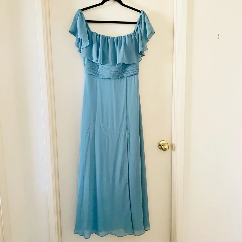 Ever Pretty Dusty Blue Off Shoulder Ruffle Side Split Bridesmaid Dress - Picture 3 of 4